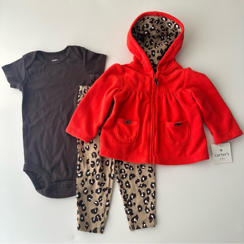 Carter's 12 Months Baby Girl Red Fleece Jacket Bodysuit Leopard Print Set NWT